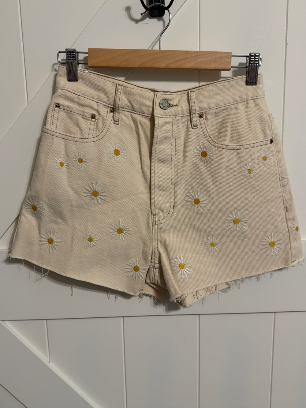 Pacsun Women’s 26 High Rise Vintage Embroidered Daisy Cream Yellow Denim Shorts